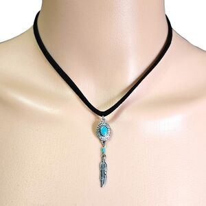 Black Suede Choker Necklace Turquoise Bead & Silver Feather Charm Boho Western